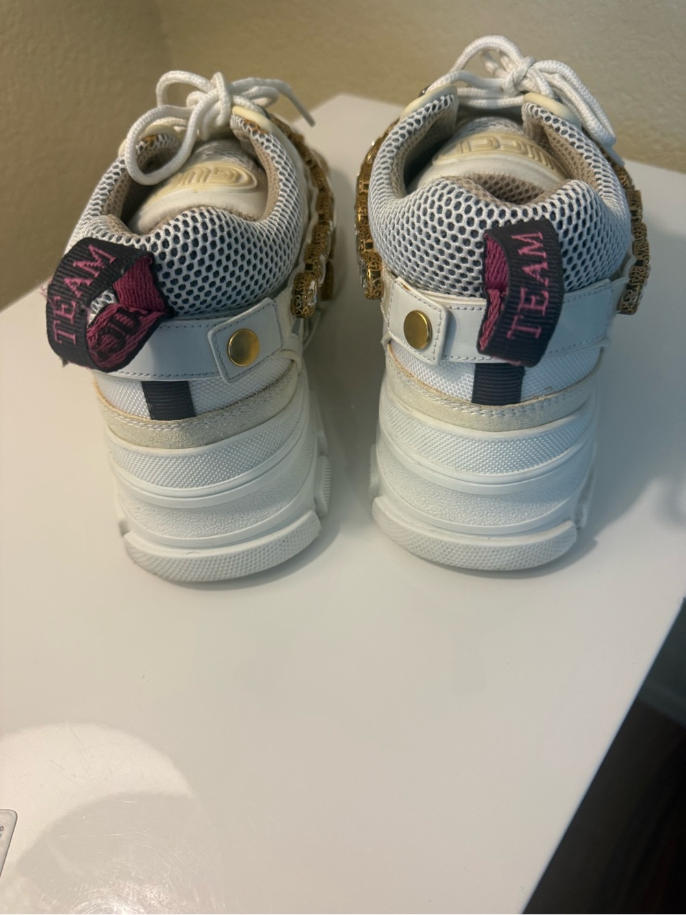 Gucci Cream White Crystal-Strap Chunky Sneakers - Picture 3 of 5